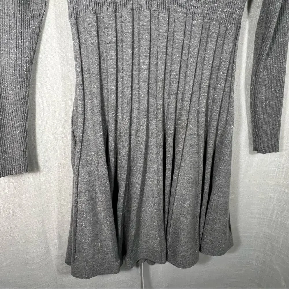 Calvin Klein Grey Cowl Neck Flare Shimmering Metallic Silver Sweater Dress Sz L